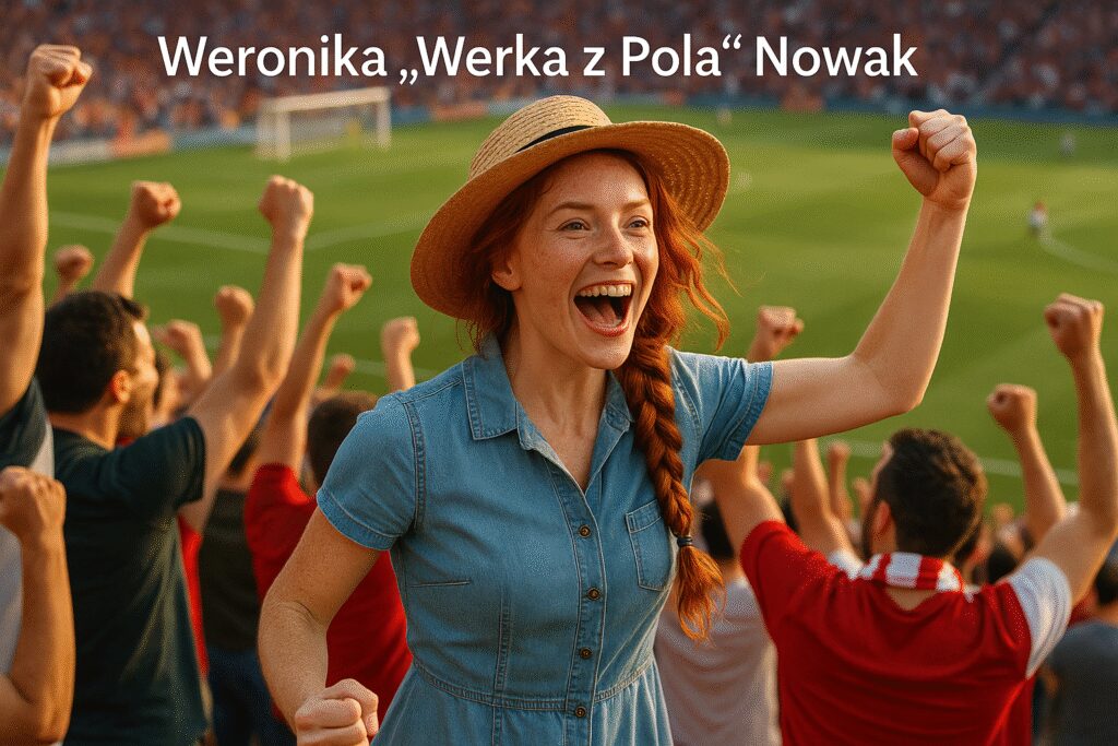 Grupa osób kibicująca podczas meczu piłkarskiego, w tle widoczne boisko i emocjonujący klimat