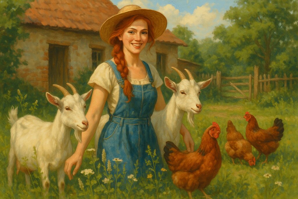 Kozy i kury w otoczeniu ziół