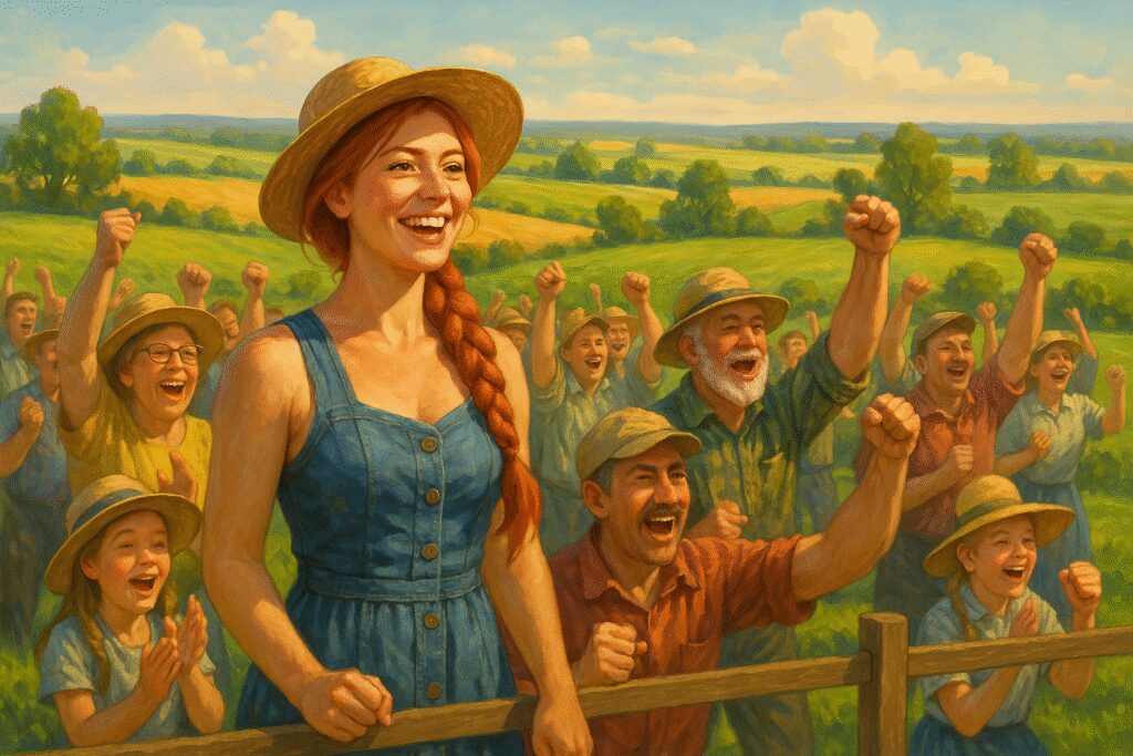 Widok na społeczność wiejską podczas wspólnego kibicowania na tle pięknych pól