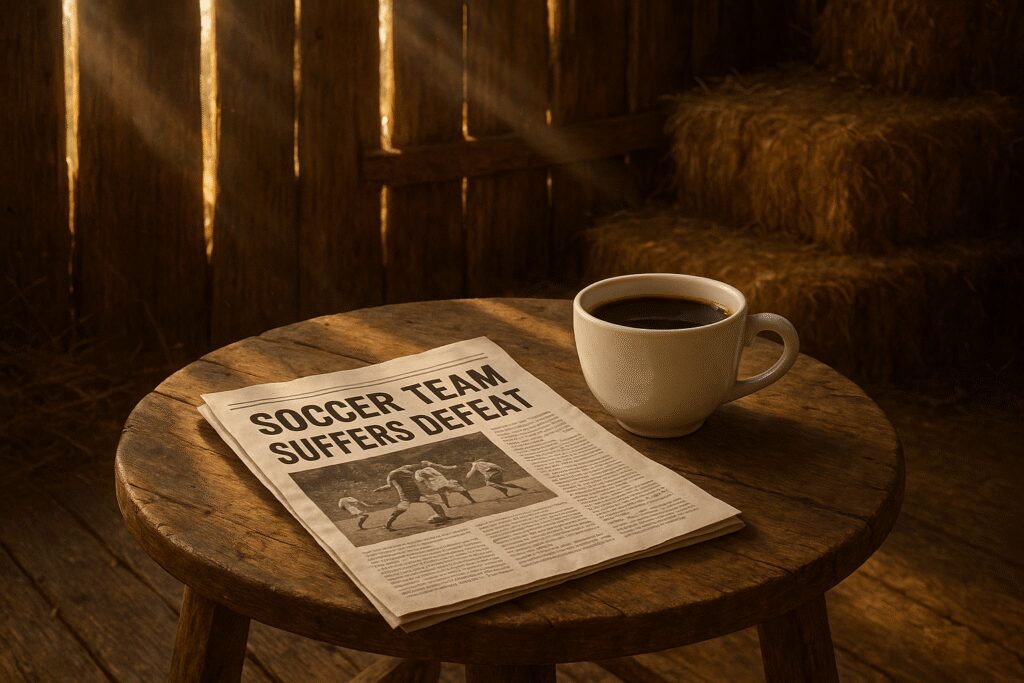Gazeta z nagłówkiem o porażce Lecha Poznań leżąca obok kubka kawy na starym stole w stodole