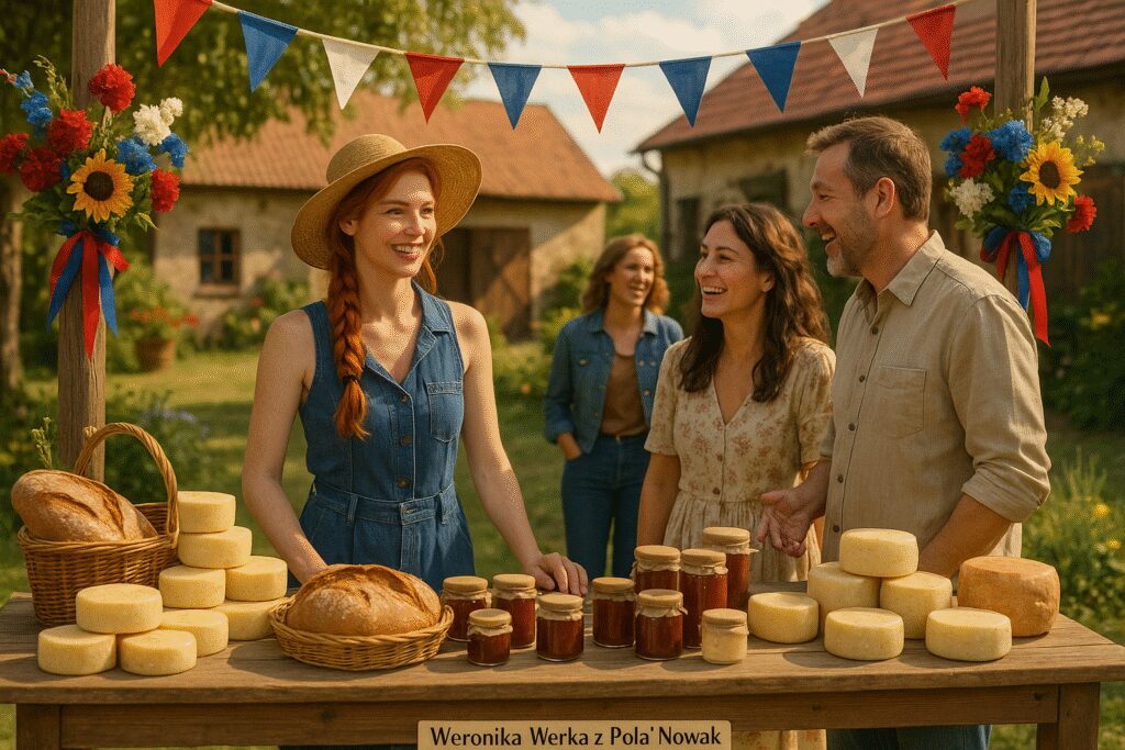 Stoisko z serami, dżemami i pieczywem na kiermaszu przed gospodarstwem, ludzie świętują