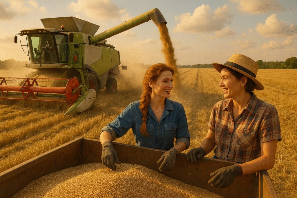 Kombajn podczas żniw, ludzie sortują zboże przy maszynie