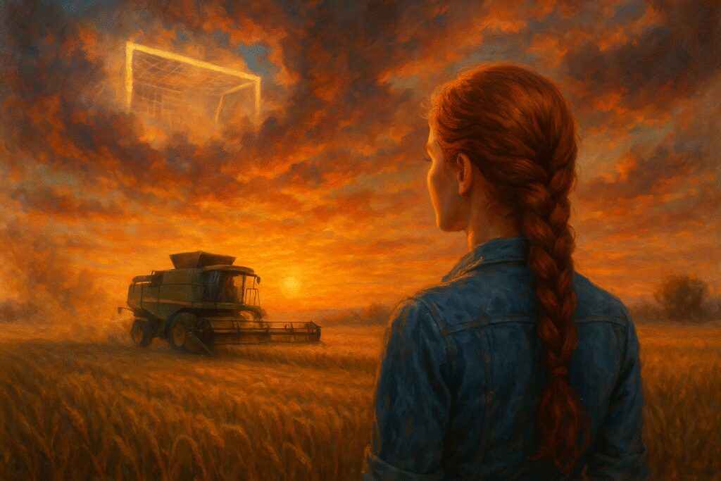 Kombajn na polu przy złocistym zachodzie i emocje porównywalne do meczu