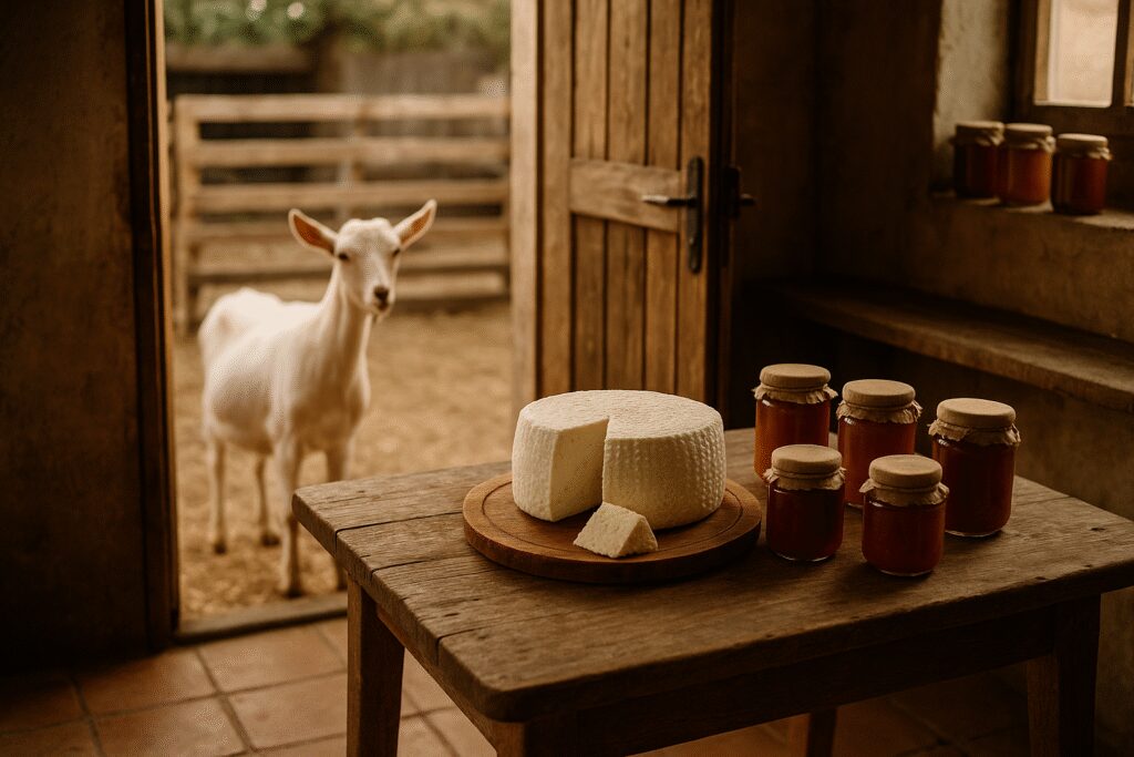Kózka w zagrodzie obok drewnianego stołu z domowym serem, słońce pada przez okno