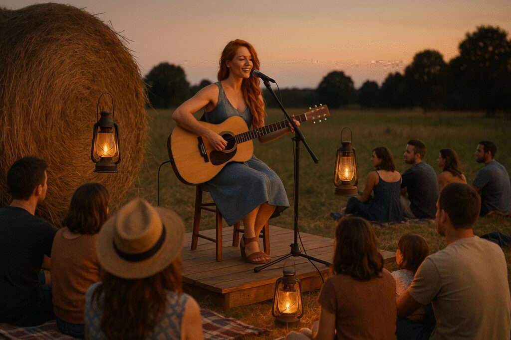 Mała drewniana scena ustawiona przy stogu siana, gitara, lampiony i kilka osób siedzących na kocach