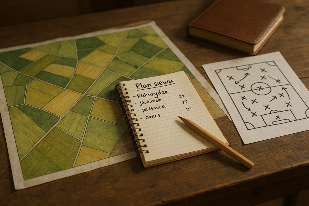 Stół z mapą pola, notatnikiem, długopem i piłkarską taktyką na kartce nawiązującą do Madrytu