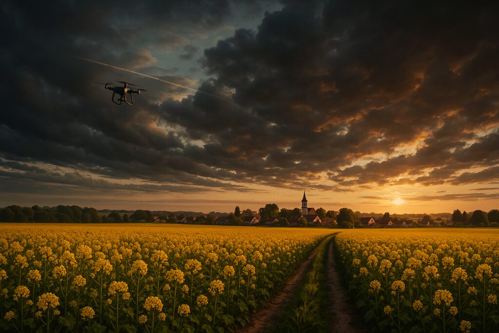 Rozległe pole rzepaku z daleka, na niebie subtelny ślad przelatującego obiektu, spokojna wieś w tle