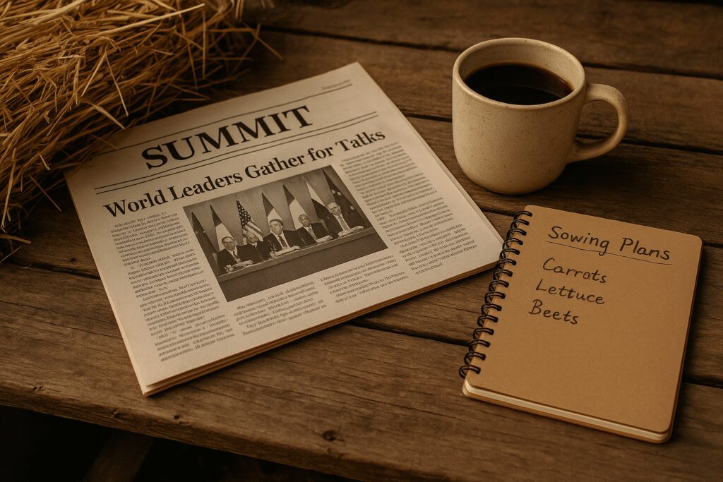 Sterta gazet z nagłówkami o szczycie międzynarodowym położona na drewnianym stole obok siana i kalendarza sadzenia