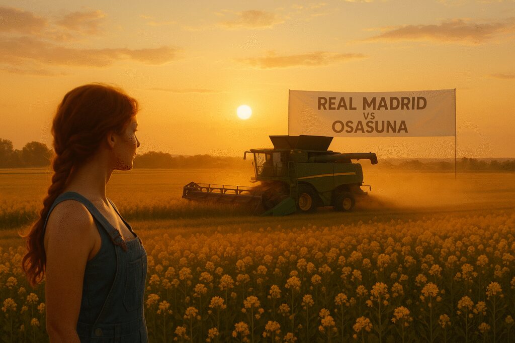 Zachód słońca nad polem, kombajn w pracy, w tle delikatny baner z motywem piłkarskim symbolizującym mecz Real vs Osasuna