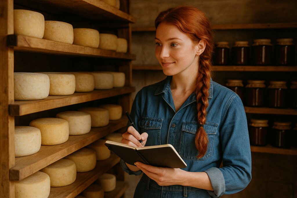 Mała przyzagrodowa przetwórnia serów, półki z słoikami, Werka trzyma notatnik z planem awaryjnym