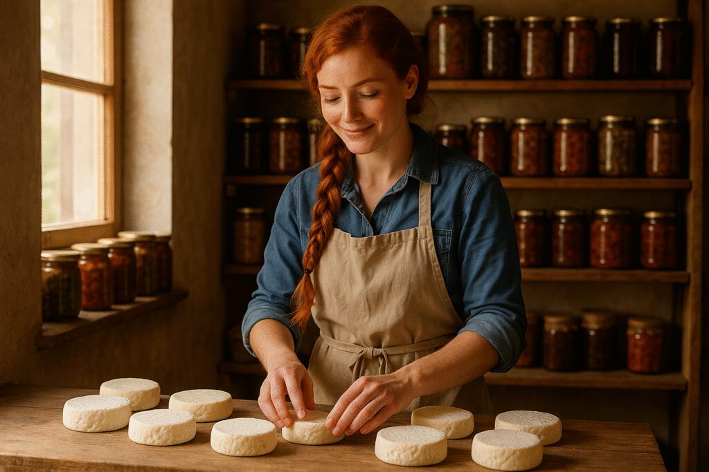 Wnętrze małej przetwórni: półki z kozim serem, słoiki przetworów, Werka w fartuchu pracująca przy stole