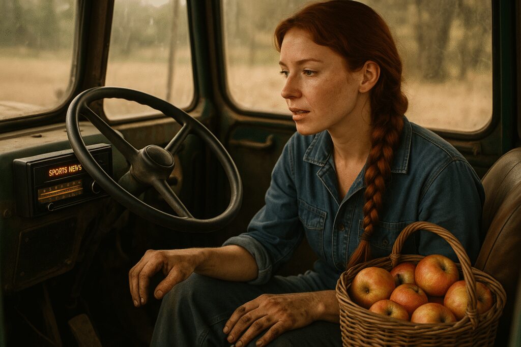 Wnętrze traktora z radiem grającym wiadomości o meczu Górnik–Pogoń, kosz jabłek na siedzeniu