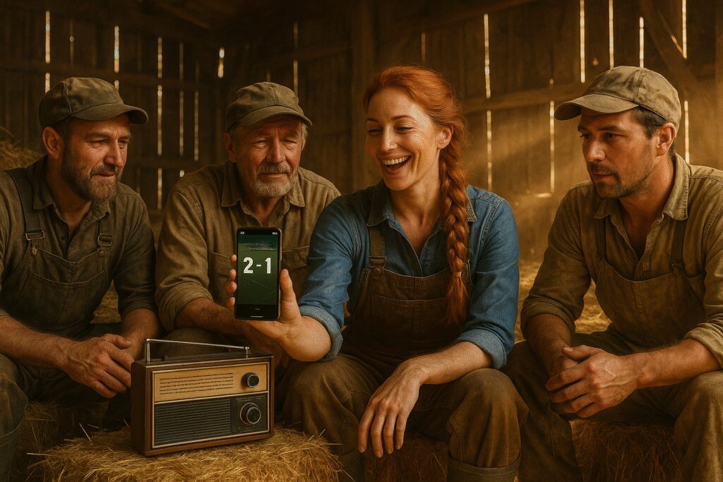 Wnętrze stodoły, grupa ludzi słucha radia i ogląda wynik na telefonie, stosy siana