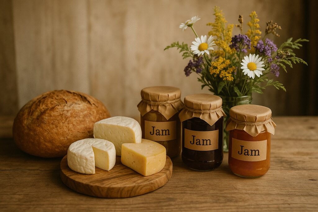 Stół z chlebem, serami, słoikami dżemów i etykietą 'Menu Festiwalowe', polne kwiaty dekoracją