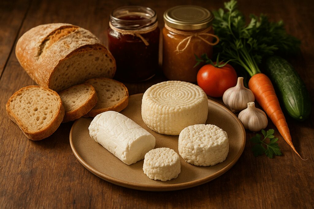 Rustykalny stół z wiejskimi serami, chlebem i słoikami dżemu