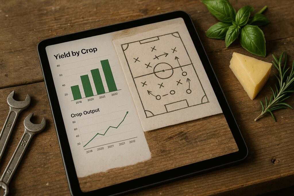 Tablet z wykresami plonów i notatkami na temat taktyki meczu, leżący na stole warsztatowym obok kluczy i ziół