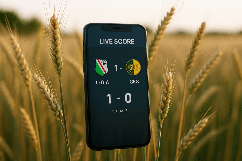 Smartfon z wynikiem na żywo umieszczony między kłosami zboża na polu