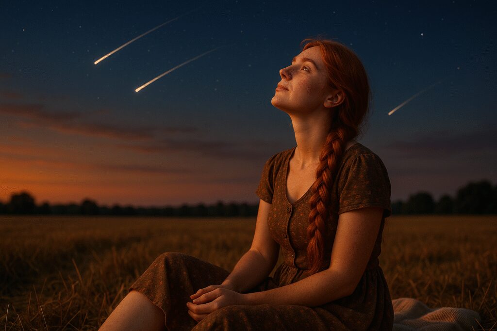 Kobieta o rudych włosach w kombinezonie siedzi na kocu na polu i patrzy w gwiazdy