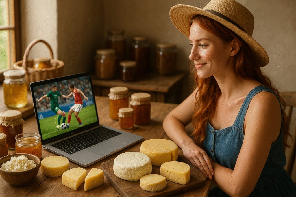 Stół wiejski z serami, przetworami i laptopem pokazującym skrót meczu Górnik–Pogoń, przy stole kobieta w słomkowym kapeluszu
