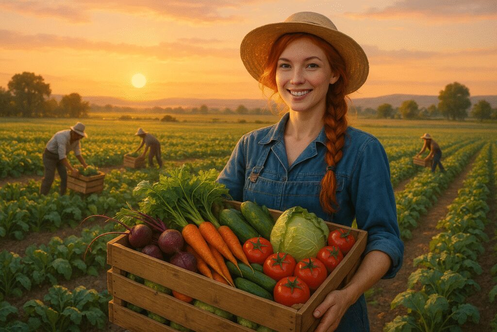 Pracownicy zbierają plony o zachodzie słońca