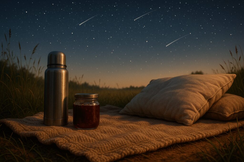 Koc rozłożony na polu, termos, poduszki i blaszka z dżemem, na niebie spadające gwiazdy