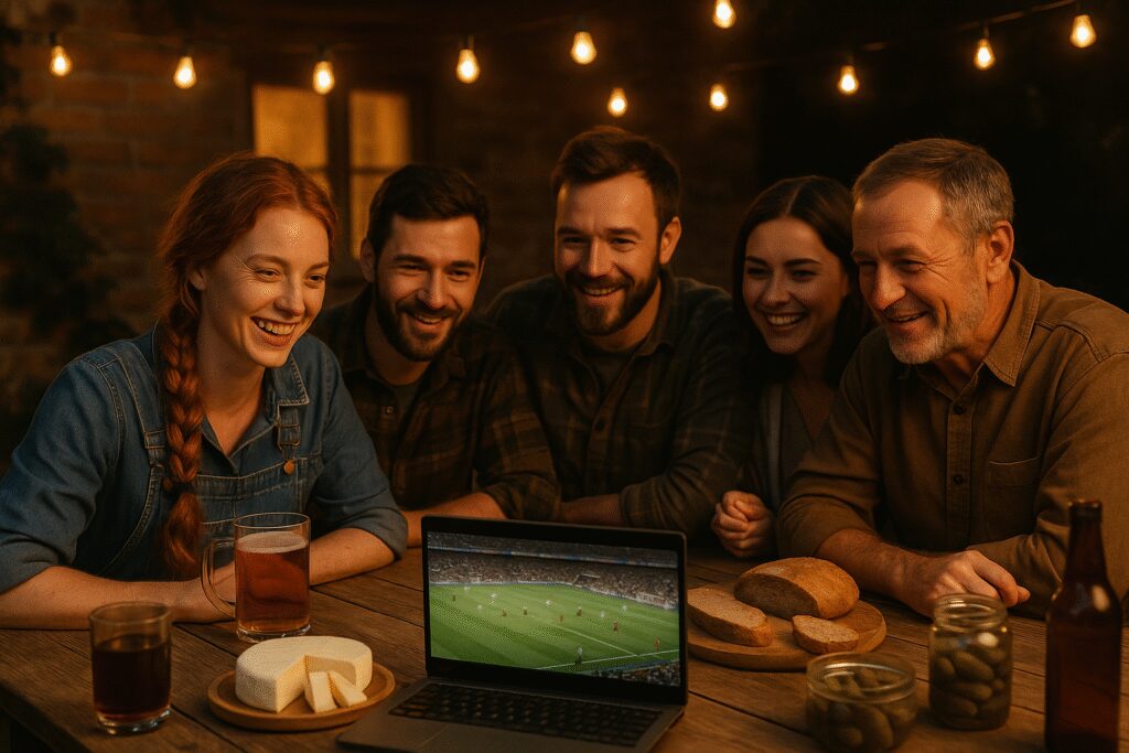 Drewniany stół na podwórku z talerzem domowego sera, piwem i kilkoma sąsiadami oglądającymi mecz na laptopie